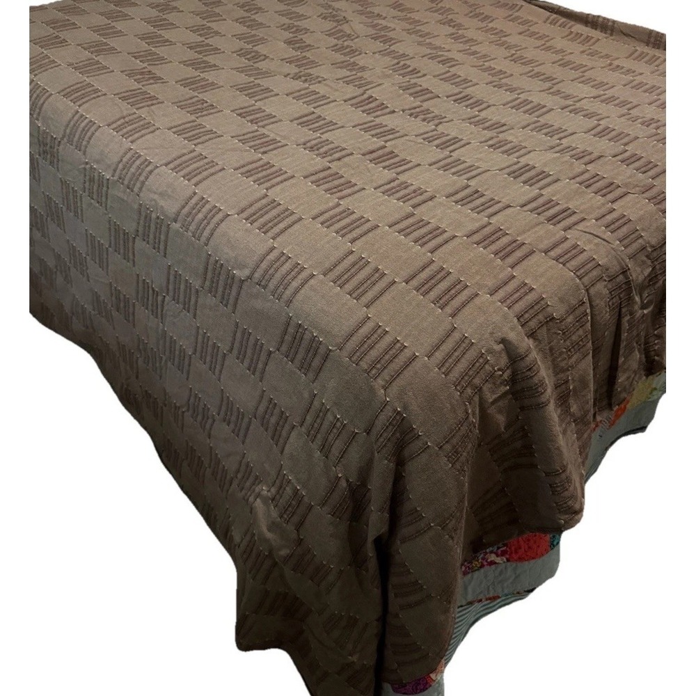 Dansk Full Queen Duvet Cover & 2 Shams Cocoa Brown Cotton Textured Grid VTG